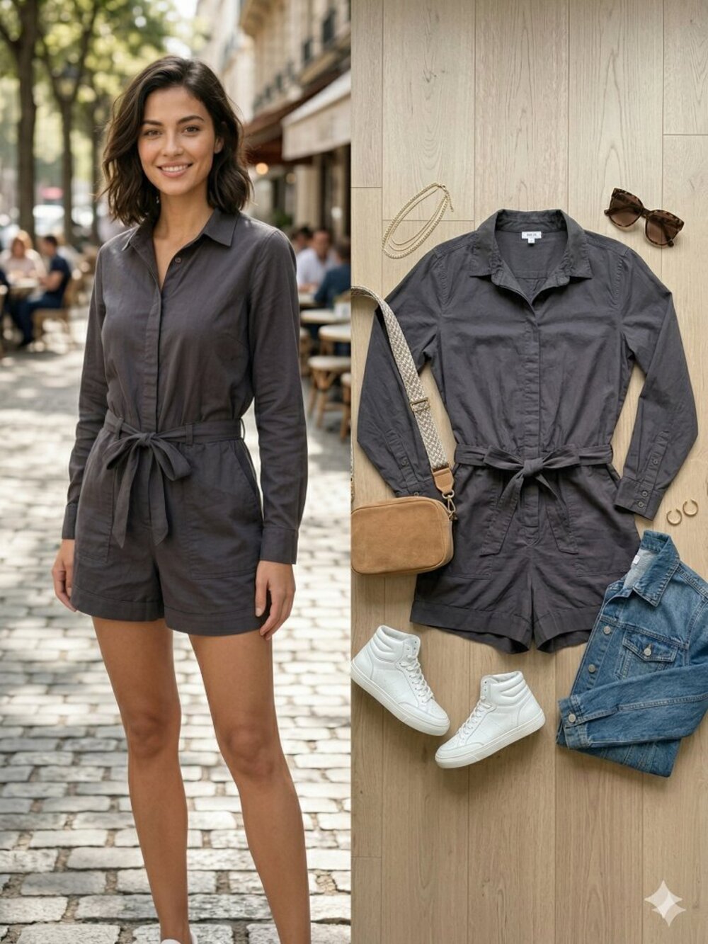 dylan Slate Gray Button-Front Tie-Waist Cotton Romper